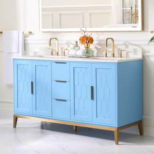 60 in. W x 22 in. D x 35 in. H Solid Wood Bath Vanity in Blue with White Quartz Top, Double Sink,Soft-Close Drawers,Door