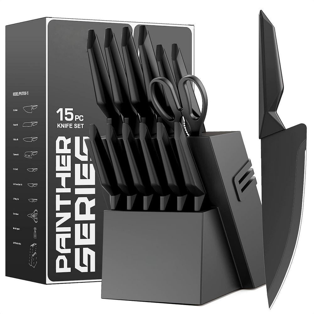 Numhew 15-Piece Black High Carbon Stainless Steel Knife Set with