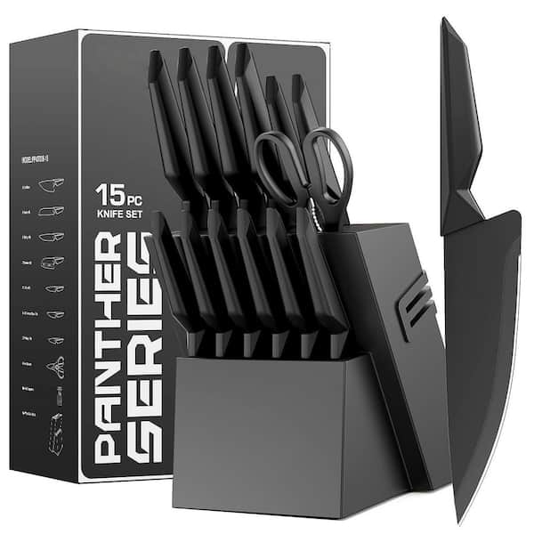 15-Piece Black High Carbon Stainless Steel Knife Set with Built in Sharpener, Dishwasher Safe, Ergonomic Handles