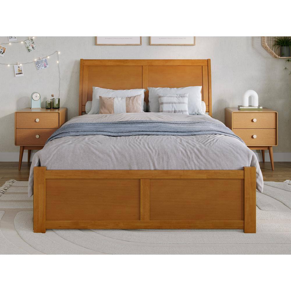 Light Toffee Full Wood Platform Bed with Sleigh Headboard and Storage Drawers
