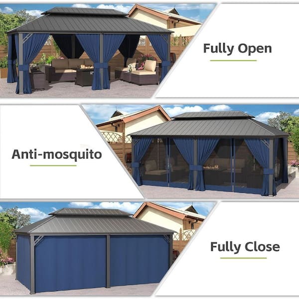 20 ft. x 12 ft. Gray Metal Hardtop Gazebo with Double Roof Pergola, Netting and Curtain Navy