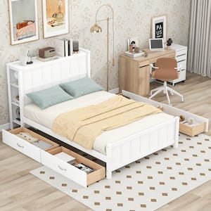 White Wood Frame Full Size Platform Bed with Drawers and Storage Shelves
