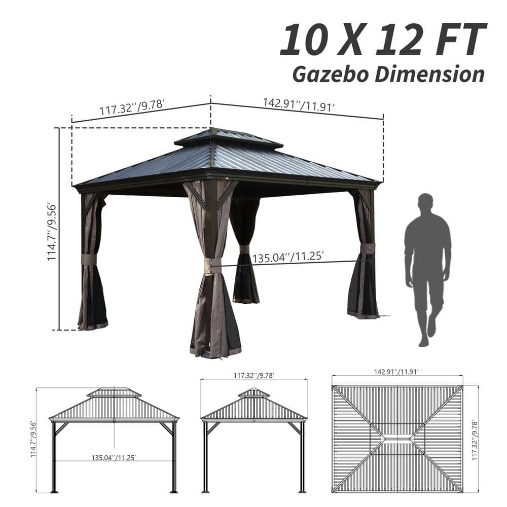 10' x 12' Brown Galvanized Steel Hardtop Gazebo with Curtains and Netting