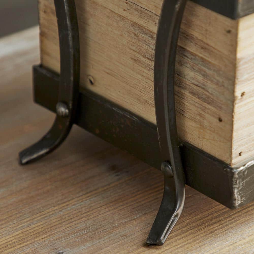 Rustic Pine-Finish Wood Tray with Iron Accents and Dividers, 24"x9"