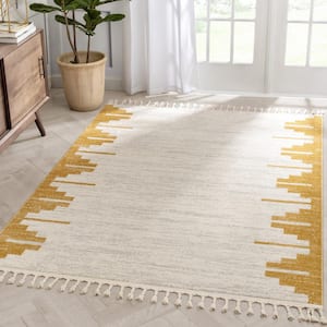 Serenity Carly Gold Nordic Solid and Striped 7 ft. 10 in. x 9 ft. 10 in. Distressed Area Rug