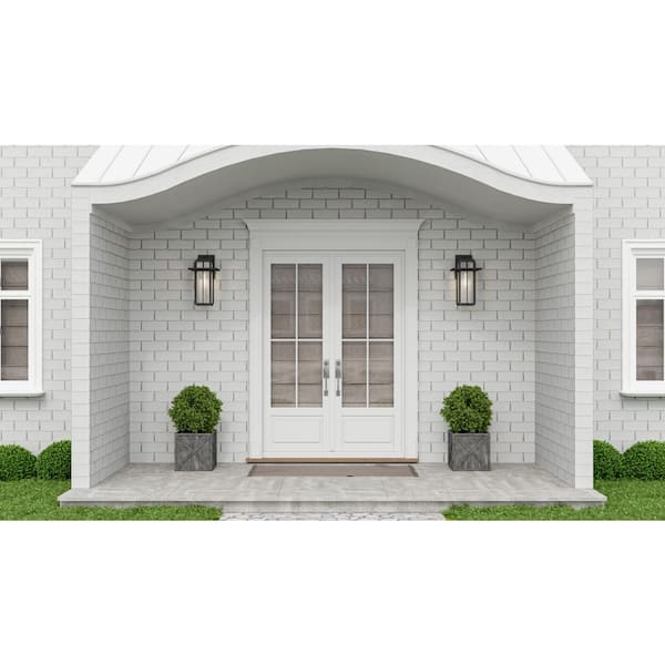 Randall 9 in. 1-Light Mottled Black Outdoor Wall Lantern Sconce with Clear Seeded Glass