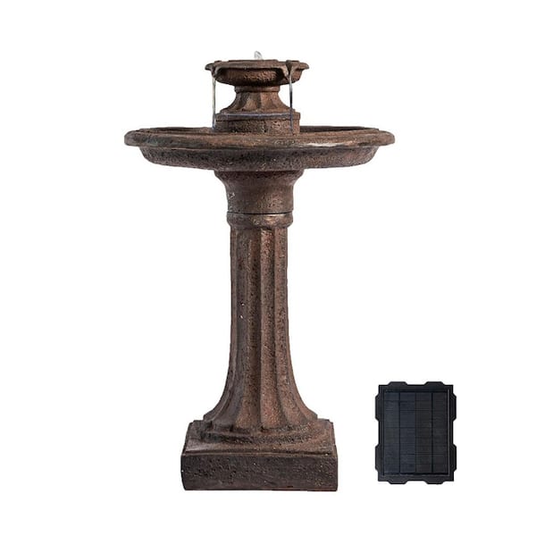 Xbrand 28 in. Solar Water Fountain, 1-Tier, Outdoor Birdbath, Brown Resin, With Solar Panel, Solar Pump, Lawn and Garden