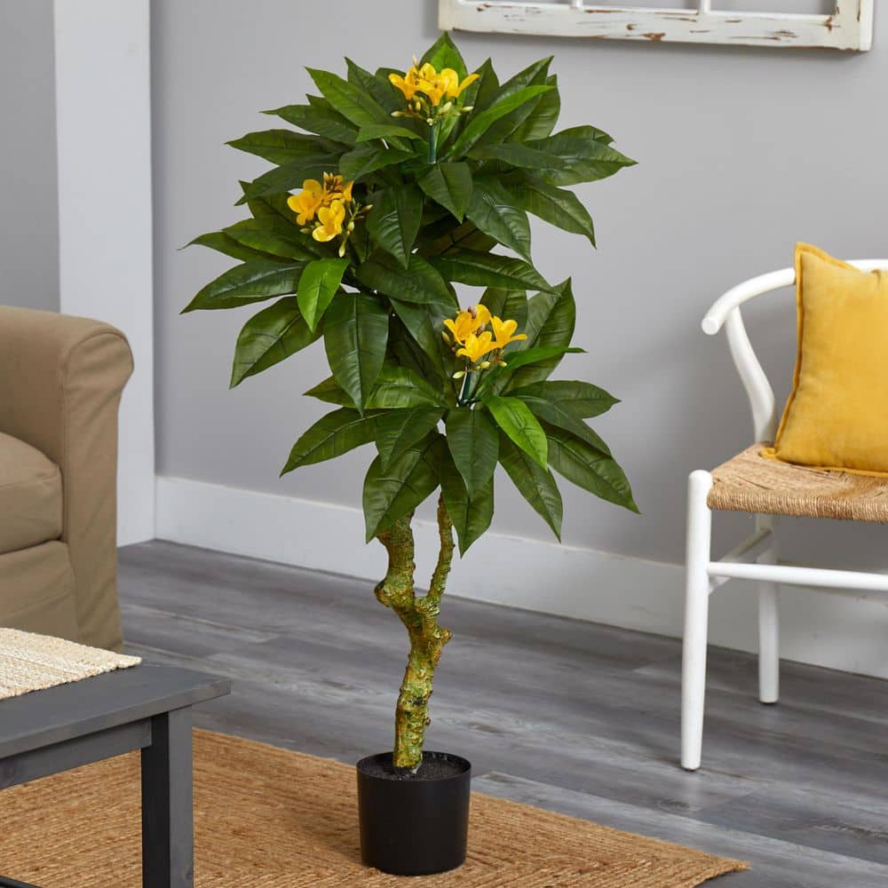 4ft Green and Yellow UV Resistant Plumeria Artificial Tree in Black Planter