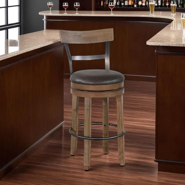 Benjara Yael 44.0 in. H Brown, Gray and Black Low Back Wood and Metal Swivel Barstool Chair with Faux Leather Seat(Set of 2)