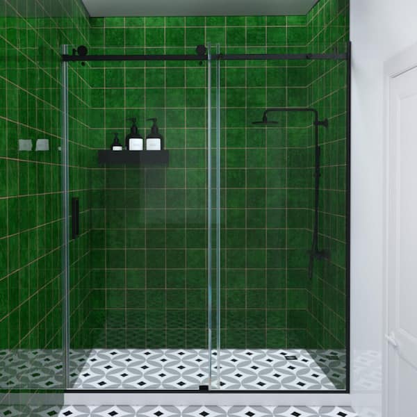 Hermitage Bath Eletta 60 in. W x 76 in. H Sliding Semi-Frameless Shower Door in Matte Black Finish with Clear Glass