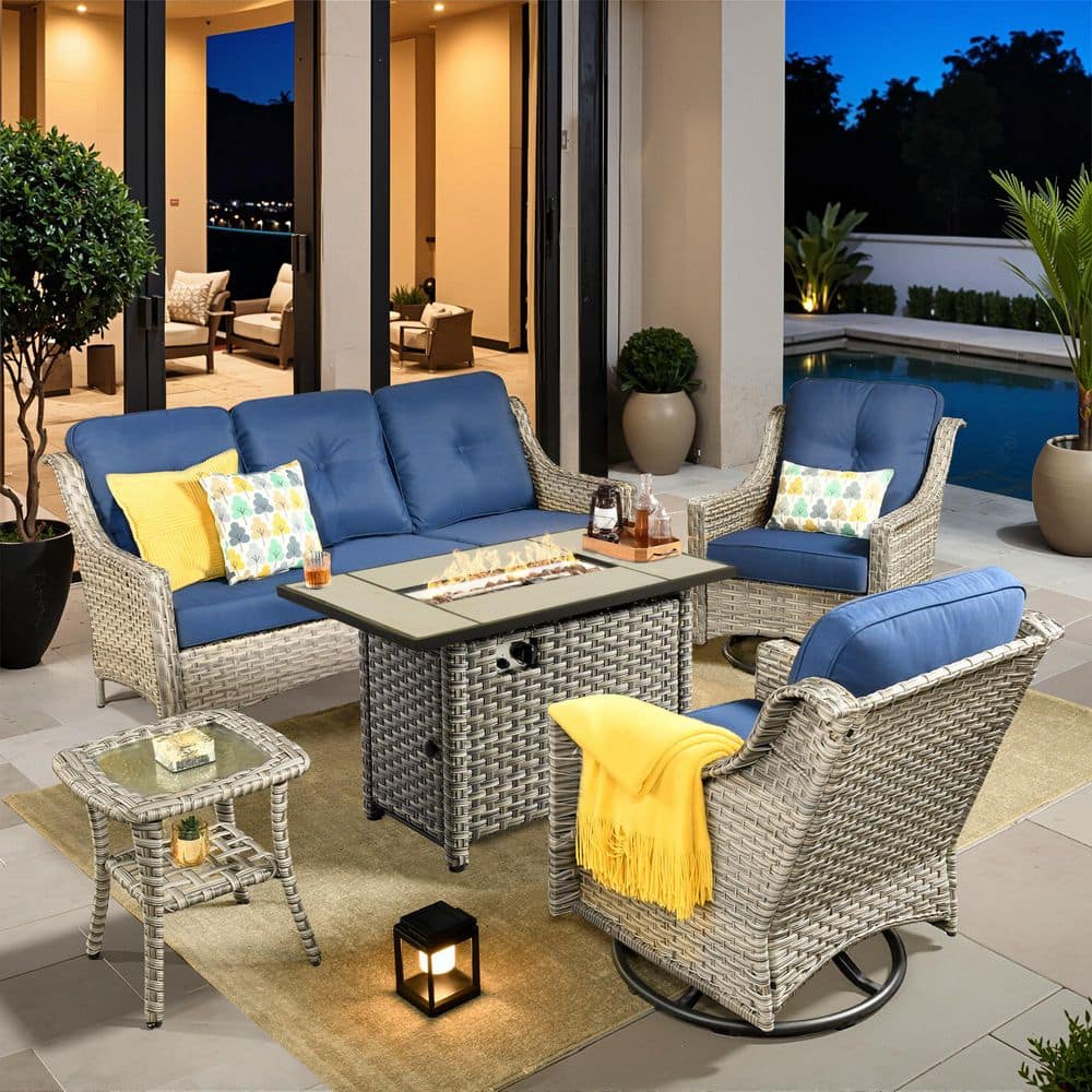 Delicacy 5-Pieces Wicker Outdoor Patio 42 in. Rectangular Fire Pit Set and Swivel Rocking Chairs with Navy Blue Cushions price history on PriceWatchPro