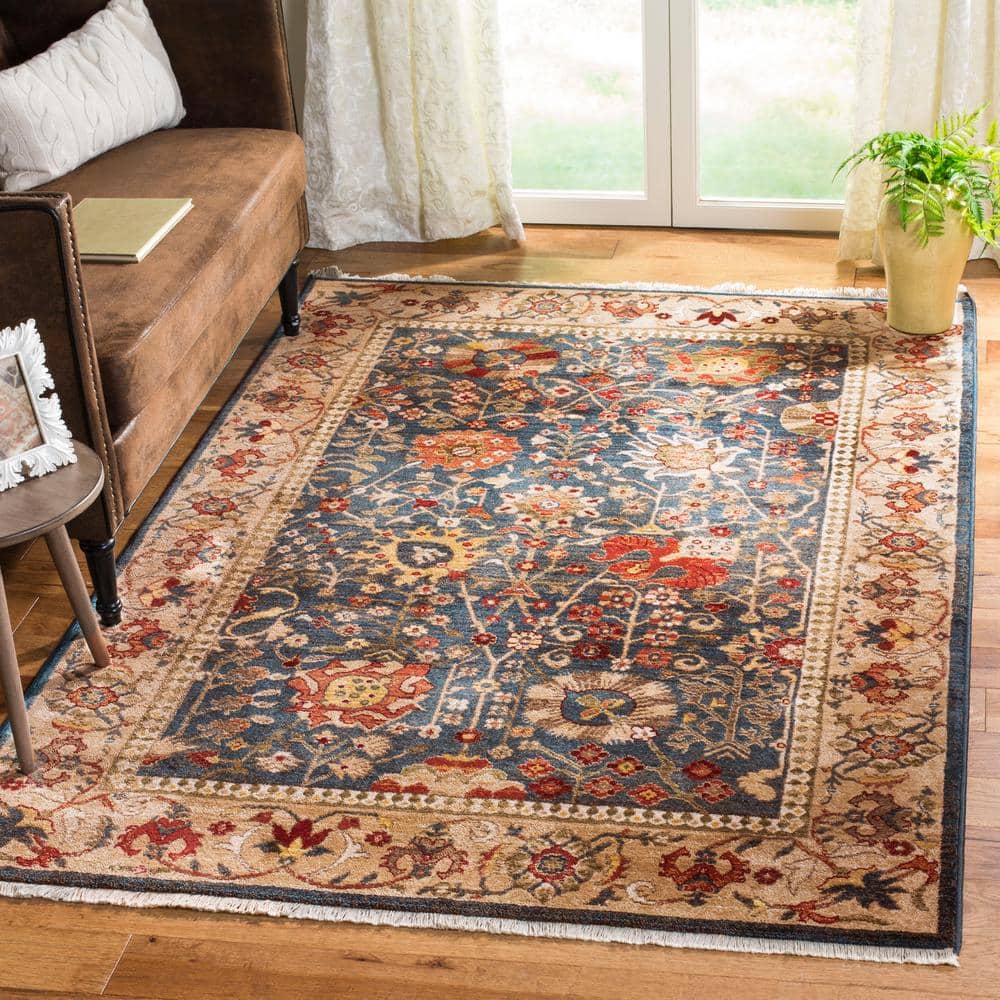 SAFAVIEH Kashan 3 ft. x 3 ft. Square Blue/Tan Floral Border Area Rug ...