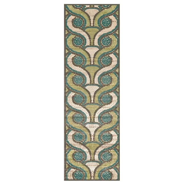 HomeRoots 2 x 8 Tan, Blue, Green Geometric Runner Rug