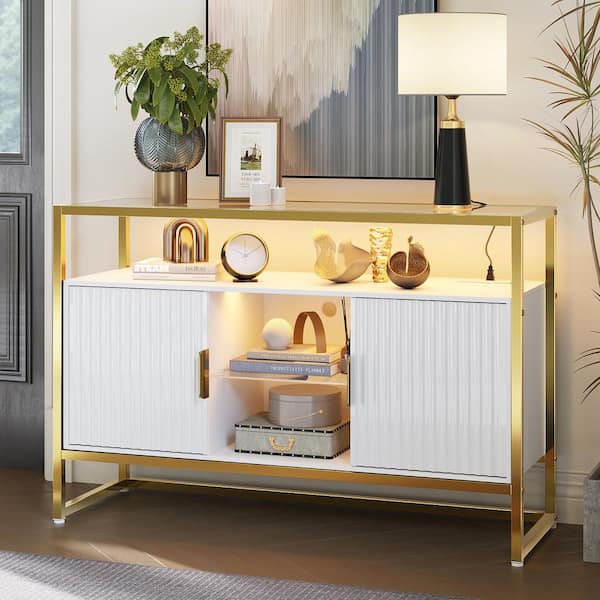 White and Tempered Glass 45.67 in. Buffet with 2-Cabinets, Adjustable Shelves, Power Outlets, LED Lights