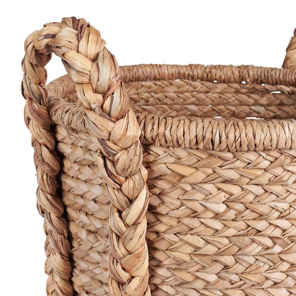 Handwoven Water Hyacinth Round Wicker Storage Basket with Braided Handles