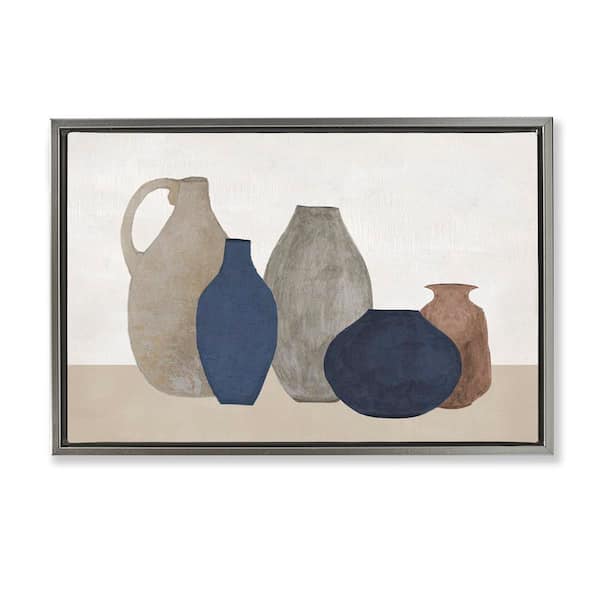 Stupell Industries Natural Hued Vases by Janet Tava Gray Floater Frame Abstract Graphic Art Print 17 in. x 25 in.