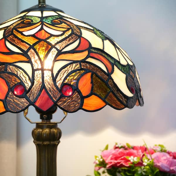 19 in. Multi-Colored Tiffany Style Bronze Finish Table Lamp with Baroque Stained Glass Lamp Shade