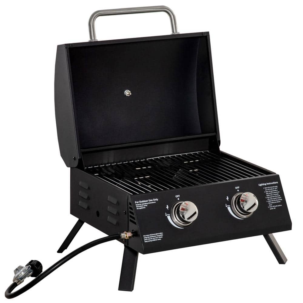 2-Burner Portable Propane Gas Grill in Black with Foldable Legs, Lid, Thermometer