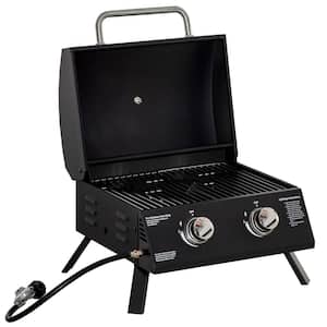 2-Burner Portable Propane Gas Grill in Black with Foldable Legs, Lid, Thermometer