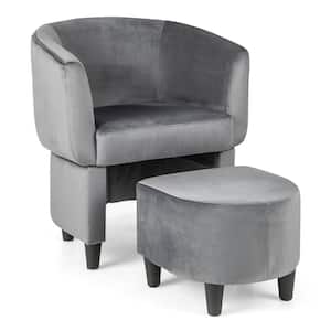 Gray Velvet Upholstered Barrel Chair w/Ottoman Wood Frame Non-slip Felt Pads