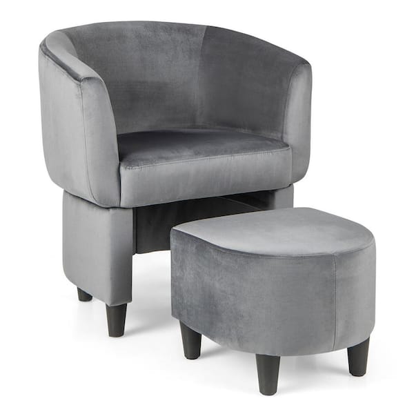 Gymax Gray Velvet Upholstered Barrel Chair w/Ottoman Wood Frame Non-slip Felt Pads