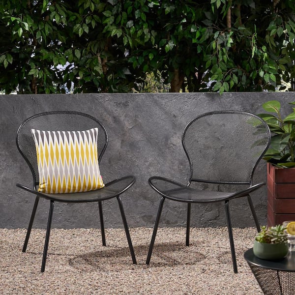 Noble House Nevada Matte Black Curved Metal Outdoor Patio Club Chair (2-Pack)