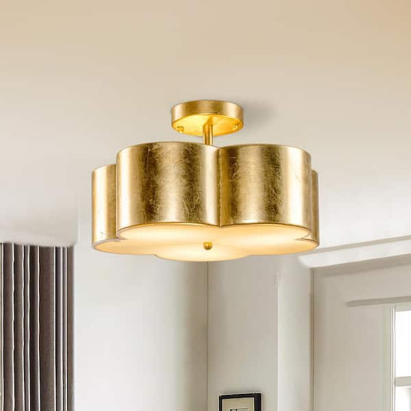 15.35 in. 3-Light Gold Metal Flower Semi Flush Mount Ceiling Light Fixture