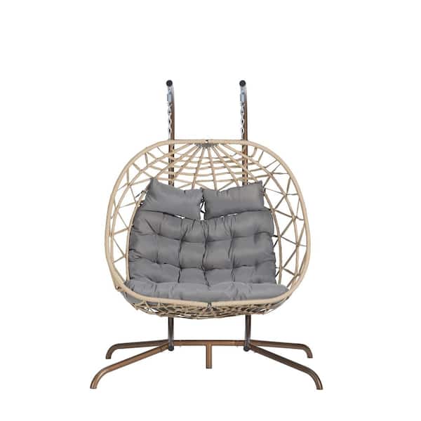Zeus & Ruta 2-Person Light Yellow PE Rattan Wicker Steel Outdoor Rattan Hanging Chair with Light Gray Cushions, Patio Egg Chair