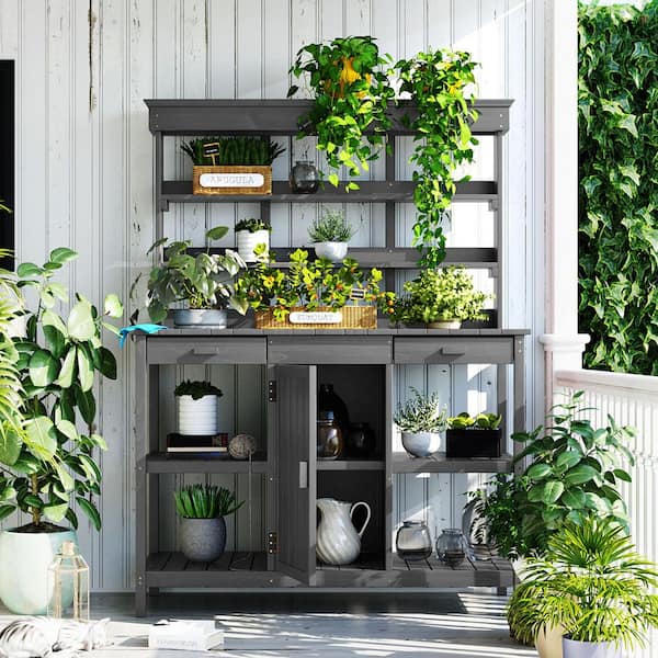 Unbranded TOPMAX 49.2 in. W x 66 in. H Gray Outdoor Potting Bench Table with 2 Drawers, Cabinet and Open Shelves