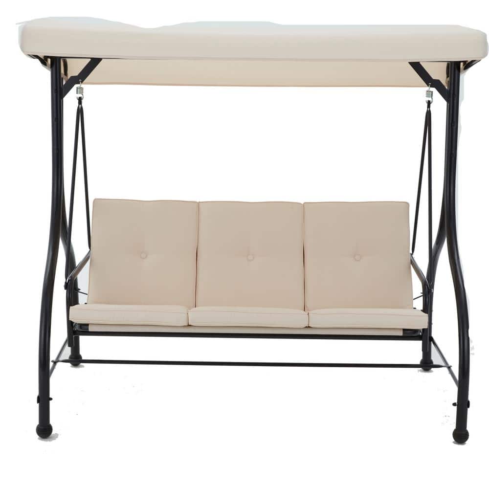 3-Person Beige Mental Outdoor Patio Swing with Canopy