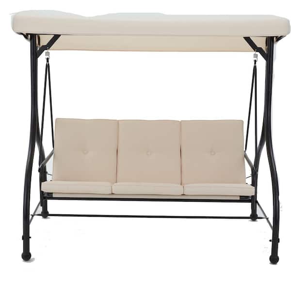 Unbranded 3-Person Beige Mental Outdoor Patio Swing with Canopy