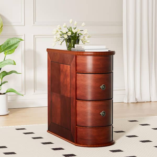 23.6 In. Reddish Brown Solid Wood End Table,Narrow Side Table with 2 Drawers,Finished Back,Vintage Sofa Side Table