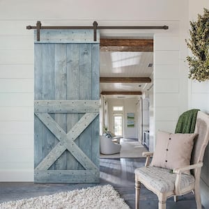 Mini X Series 42 in. x 84 in. Solid Denim Blue Stained DIY Pine Wood Interior Sliding Barn Door with Hardware Kit
