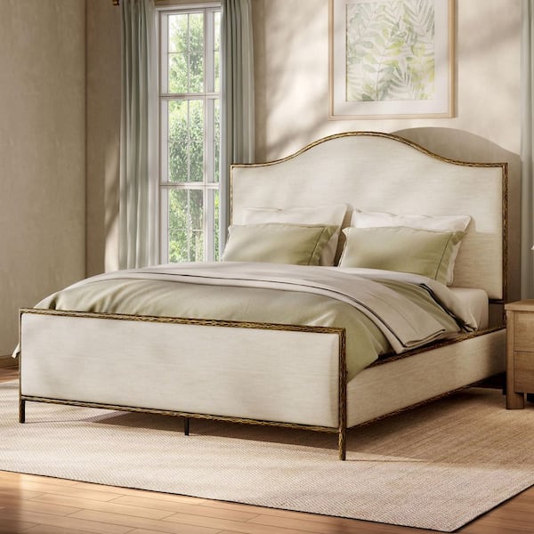 Parto Gold Modern Forged Metal Frame King Upholstered Fabric Camel Back Panel Bed