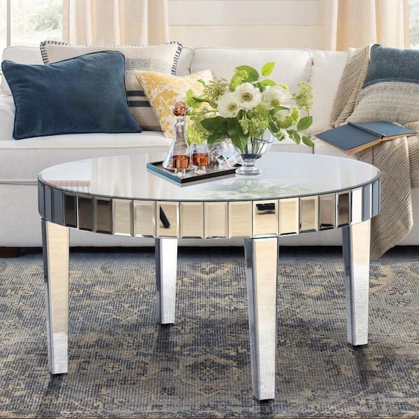 IDEAGLE 31.5 in. Silver Round Glass Coffee Table with Silver