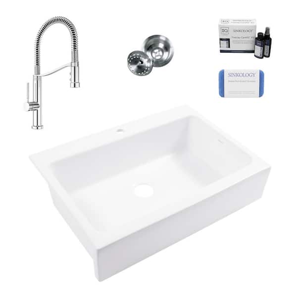 Josephine 34 in 1-Hole Quick-Fit Farmhouse Drop-In Single Bowl White Fireclay Kitchen Sink with Bruton Chrome Faucet Kit