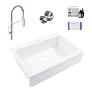 Josephine 34 in 1-Hole Quick-Fit Farmhouse Drop-In Single Bowl White Fireclay Kitchen Sink with Bruton Chrome Faucet Kit