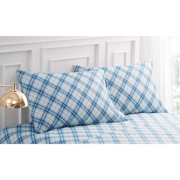 Country Living Standard Microfiber Pillowcases Teal Green Gray White Plaid 2 NEW 