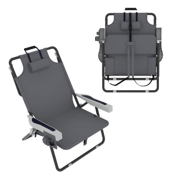 5-Position Adjustable Backpack Beach Chair Folding Lounge Chair with Pillow and Storage Bag, Dark Gray