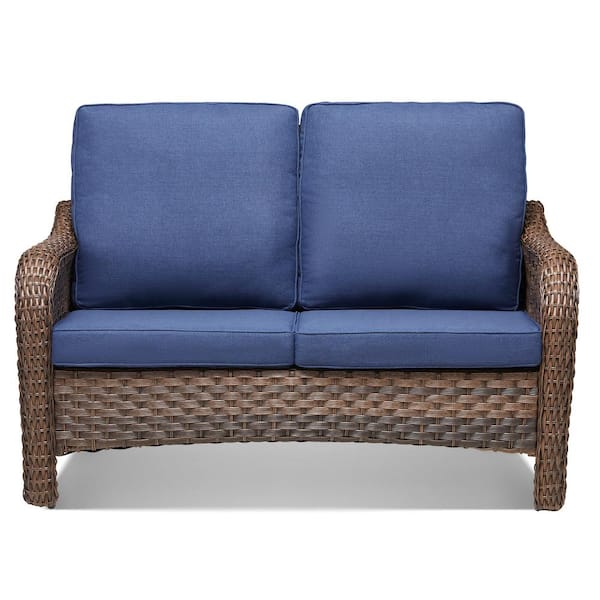 1-Piece Wicker Outdoor Patio Loveseat with Blue Cushions