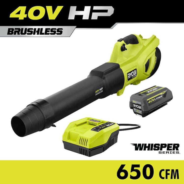 RYOBI 40V HP Brushless Whisper Series 160 MPH 650 CFM Cordless Battery Leaf Blower with 4.0 Ah Battery and Charger