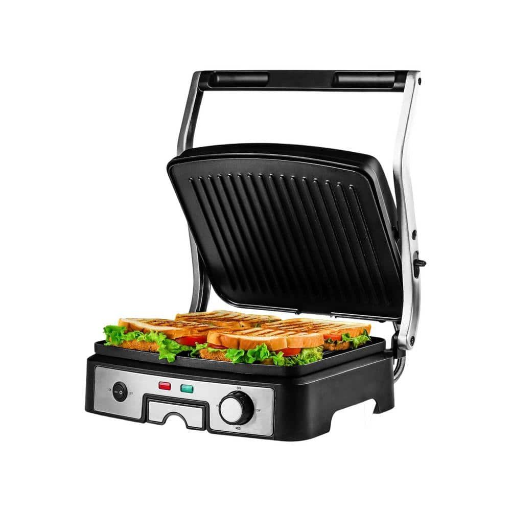 4-Slice Electric Panini 180 Adjustable Hinge Non-Stick 3 Heat Settings Drip Tray, Free Grill (GP1861BR)