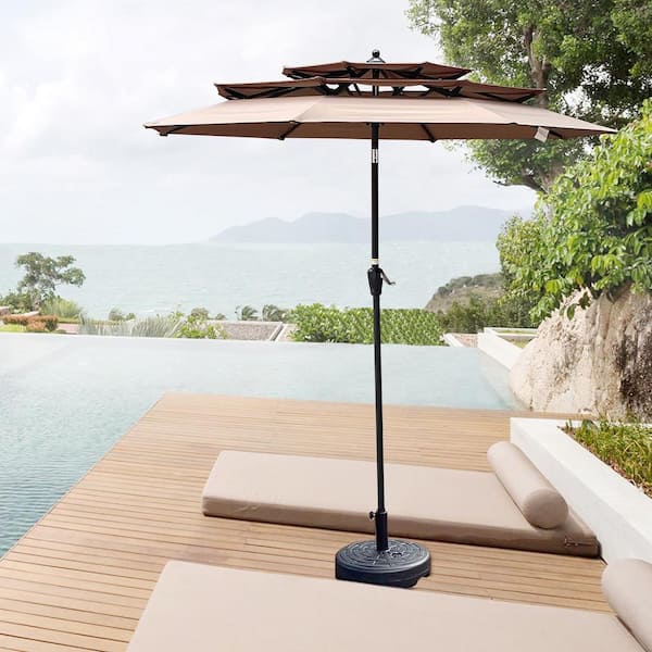 9 ft. Octagon Steel Market Tilt Patio Umbrella in Mushroom with 3-Tiers Vent and Crank for Garden Backyard Pool Swimming