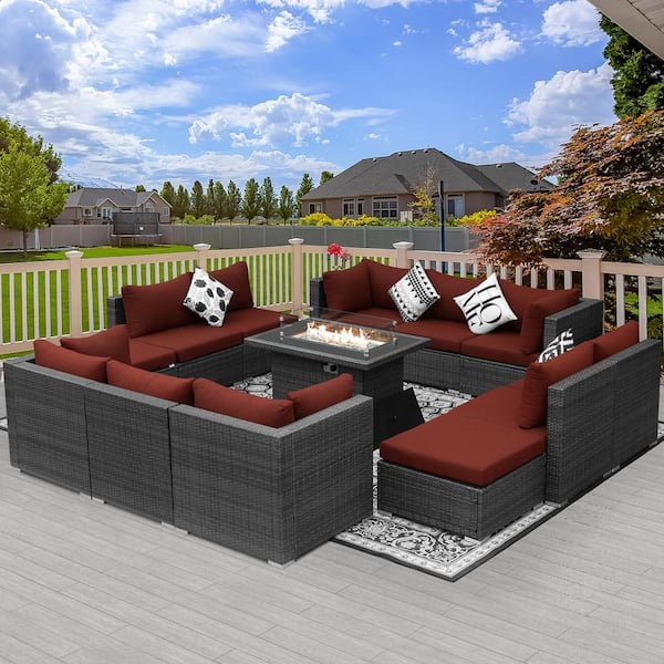 FINCATI High-End Gray 13-Piece 12-Seats Wicker Patio Fire Pit Sofa Set with Dark Red Cushions Ottomans and 43 in. Fire Pit Table