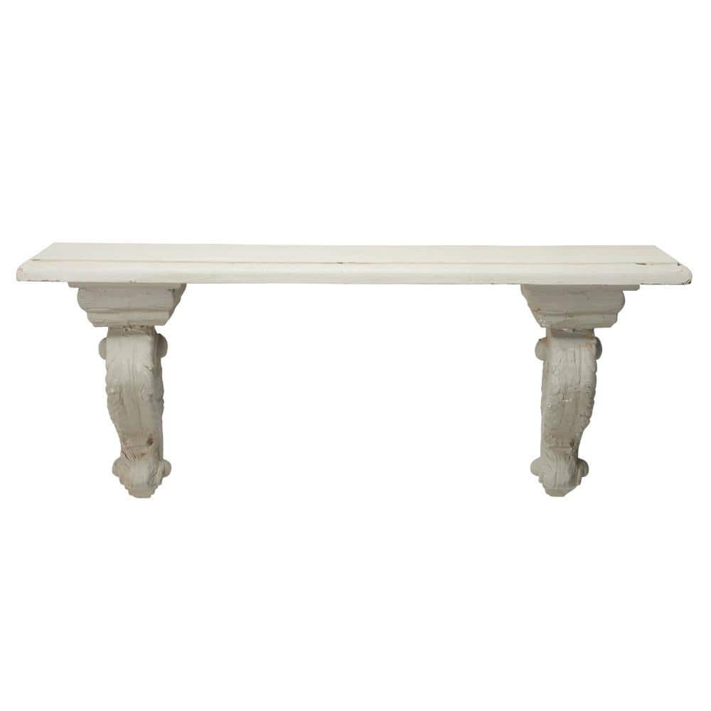 31.5" White and Beige Wood Floating Wall Shelf with Scrollwork