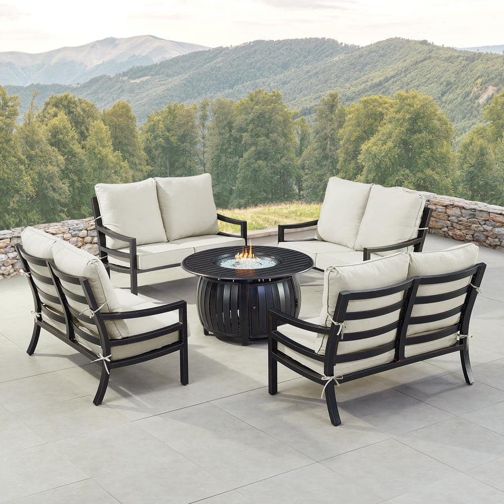 Black 7-Piece Aluminum Patio Fire Pit with 4-Deep Seating Loveseat Light Grey Cushions price history on PriceWatchPro