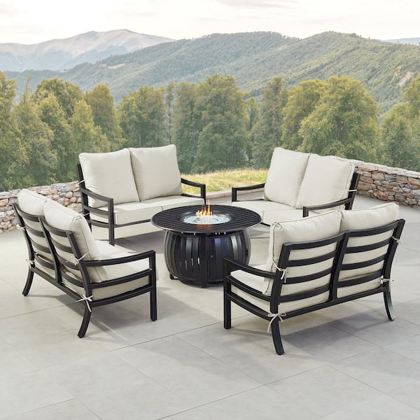 Oakland Living Black 7-Piece Aluminum Patio Fire Pit with 4-Deep Seating Loveseat Light Grey Cushions