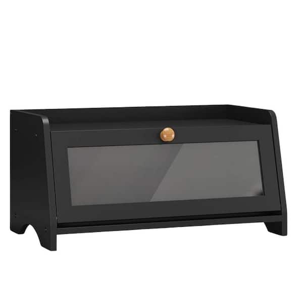 1 Piece Wooden Farmhouse Bread Box with Window, Large Bread Container Storage for Kitchen Countertop, Black