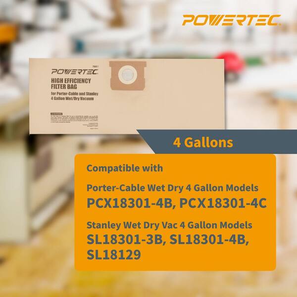 POWERTEC 75051-P2 Filter Bags for Porter Cable, Stanley 25-1238 4 Gal Wet Dry Vacuum, 6pk