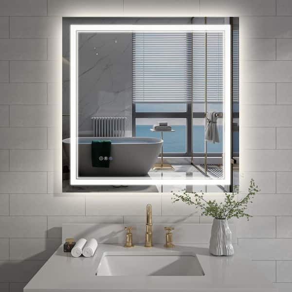 36 in. W x 36 in. H Square Frameless Crystal Clear Wall-Mounted LED Bathroom Vanity Mirror in White